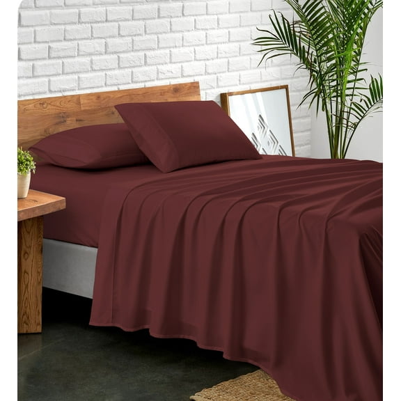 NC Home Fashions Geometric Trim Embroidered microfiber bed Sheet Sets, 4-pieces, ultra soft, King, Marsala