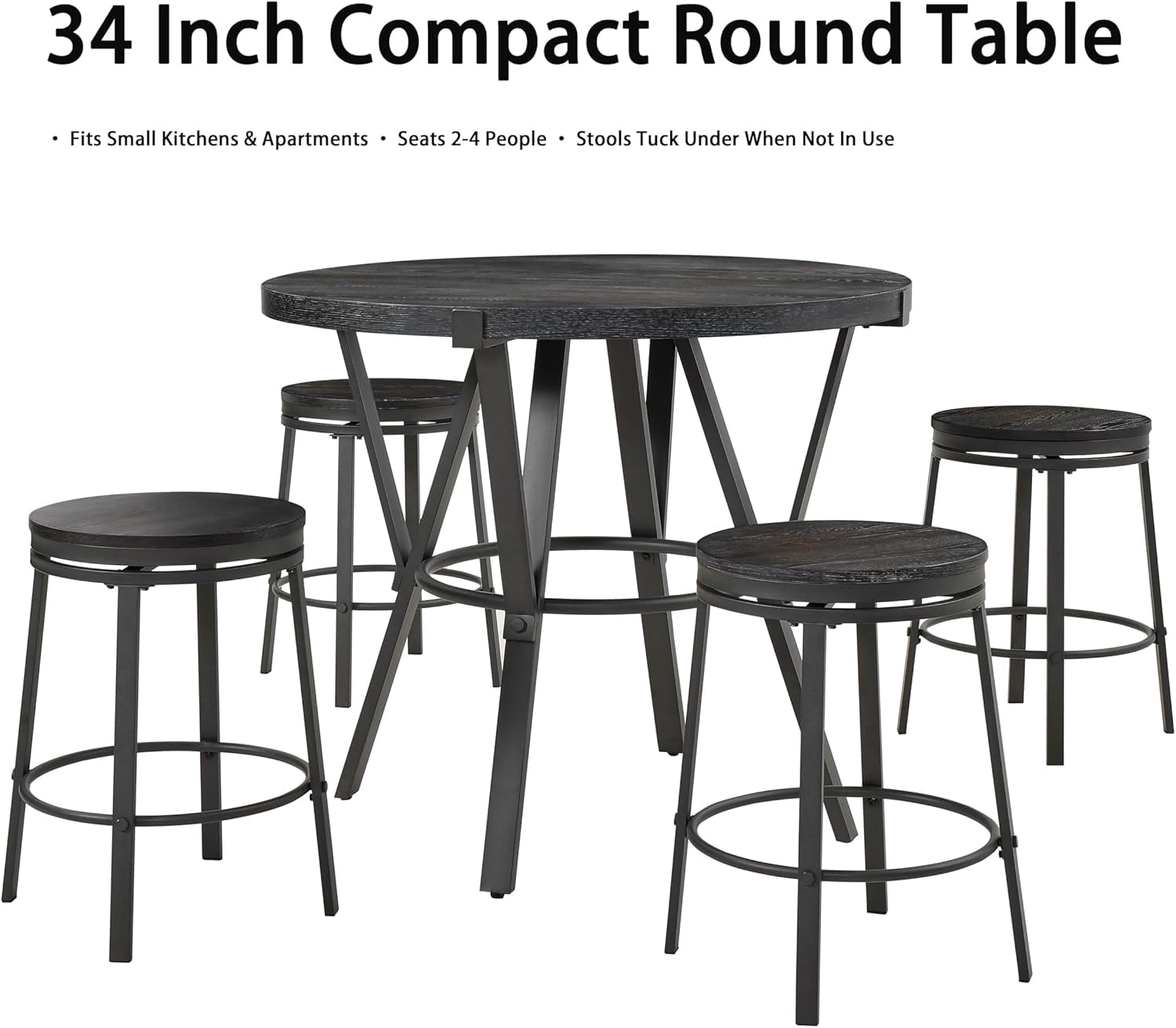 MOONMISS Wooden Round Dining Table with 4 Swivel Wooden Stools, 5 Piece Kitchen Table Set for Small Space Apartment, 34" Metal Frame and Wood Top Pub Table Set, Easy Assembly, Rustic Brown