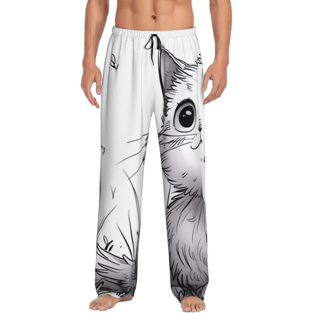 Fotbe Cute Cat Meadow Sketch Pantalones de Pijama para Hombre, Pantalones de Dormir, Pantalones de Casa con Cintura Ajustable y Bolsillos-Large