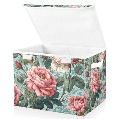 Foldable Fabric Storage Bin With Handle Collapsible Basket Box Storage With Lid Organizer Blooming Roses