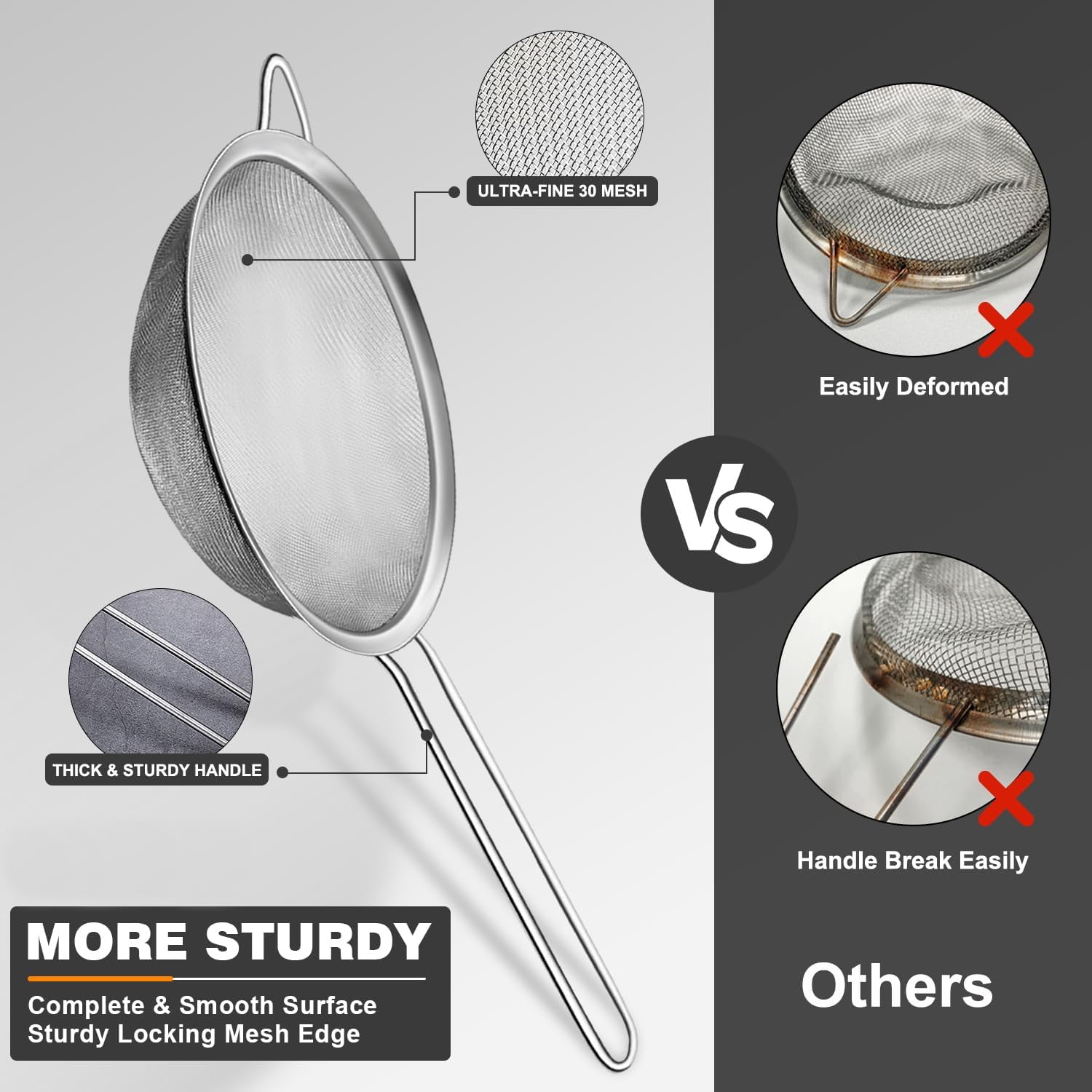 ZHUYING Fine Mesh Strainer 4PCS, Versatile Kitchen Strainer with Handle - 7", 5", 3.3", 2.8" Sieve Fine Mesh Stainless Steel, Metal Strainers and Sifters for Rice, Quinoa, Tea, Cocktail, Pasta, Juice