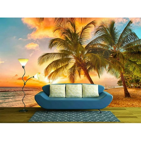 wall26 - Beautiful Sunset over the Sea with a View at Palms on the White Beach on a Caribbean Island of Barbados - Removable Wall Mural | Self-adhesive Large Wallpaper - 100x144