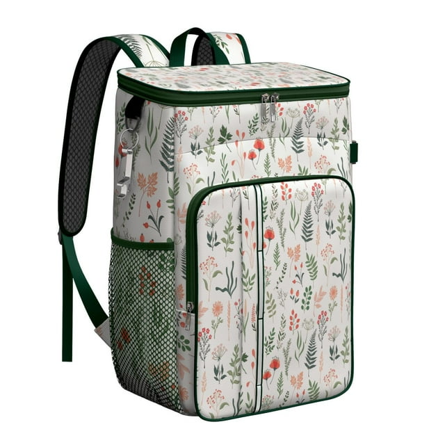 Tropical Flower and Leaves Insulated Cooler Backpack, Leakproof Waterproof Lunch Backpack for Beach Vacations, Camping