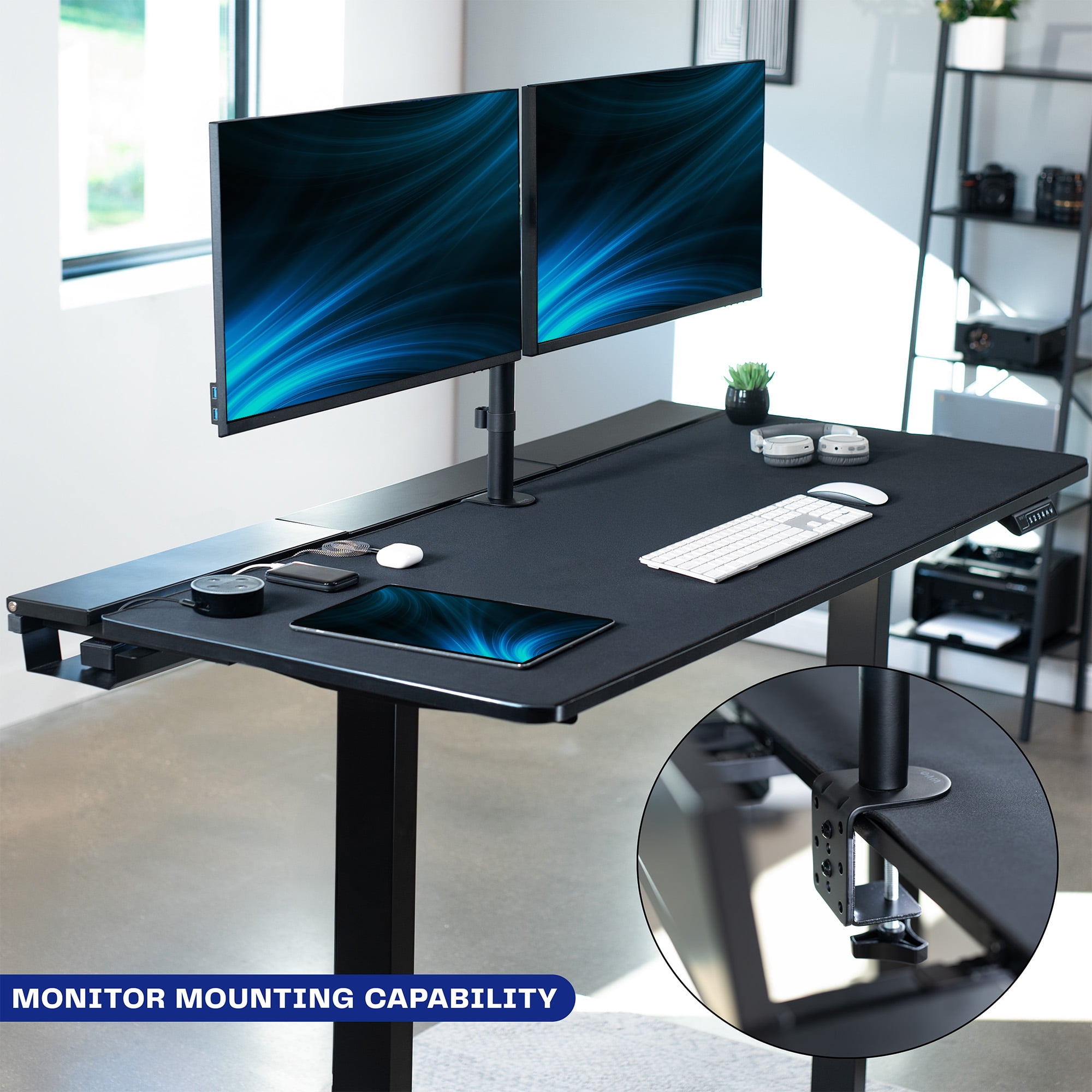 VIVO Electric 60" x 30" Desk, Full Pad, Black Hidden Cable Tabletop, Black Frame