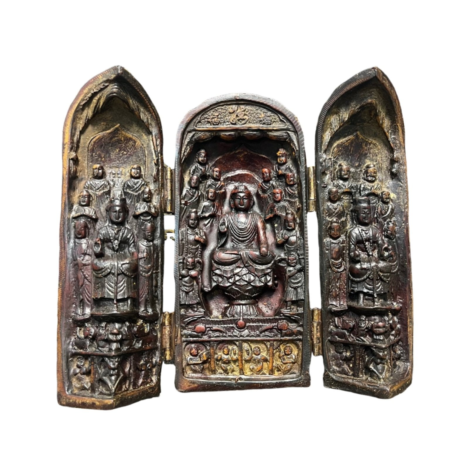 amagogo Buddha Statue Folding Triptych Shrine Ornamental Three-panel Antique Religious Sculpture Carved Folding Piece with Historic Character Suitable for Office Decor Living Area Collector’s Item