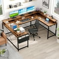 thumbnail image 3 of ChaoLink U Shaped Computer Gaming Desk with Reversible L Shape, Power Outlets, LED Strip & Monitor Stand, Large Corner Desk with Storage Shelves, 3 of 7