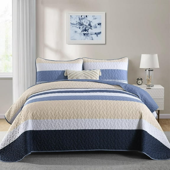 Blue King Size Quilt Set,Summer Bedspread Beige Striped Lightweight Bedding Set Micofiber 3 Pieces Coverlet Quilts Farmhouse Patchwork Bed Set