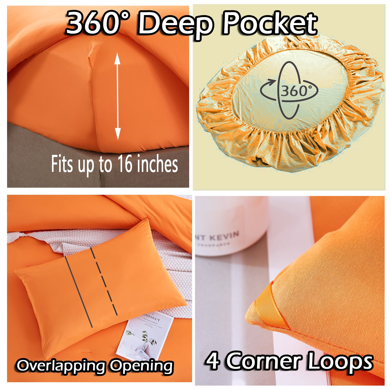 MorroMorn Comforter Set Queen Size, 4 Pieces All Season Bedding Comforters Sets, Soft Bed Set with 1 Down Alternative Duvet Insert 90×90 Inches, 2 Pillow Cases & 1 Fitted Sheet (Queen, Orange)