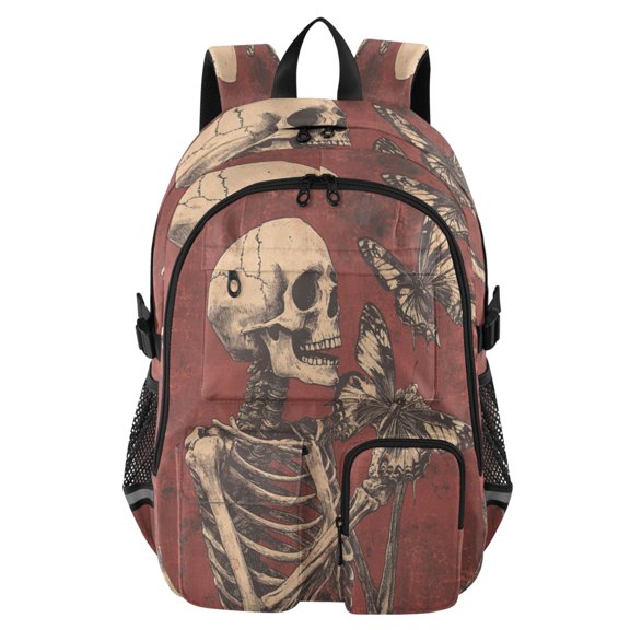 Large Capacity Student Backpack, 14 Inch Laptop Backpack, Wear-Resistant Polyester Travel Backpack with Reflective Strips for Commuting Outdoor Skeletons and Beautiful Butterflies