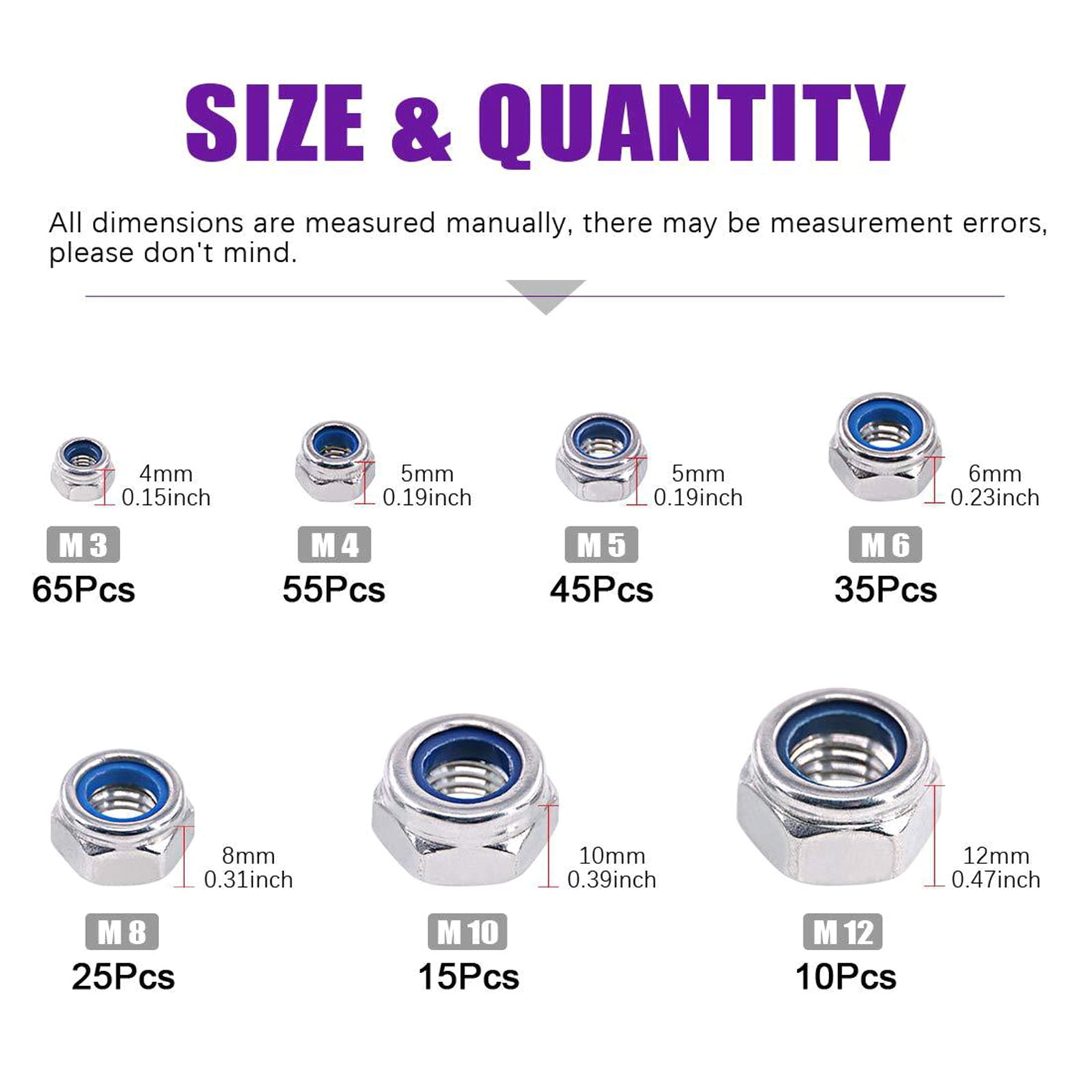 250Pcs 3/4/5/6/8/10/12mm Metric Lock Nut Nylon Insert Nut Stainless Steel Hexagon Locknuts Hardware Easy to Use