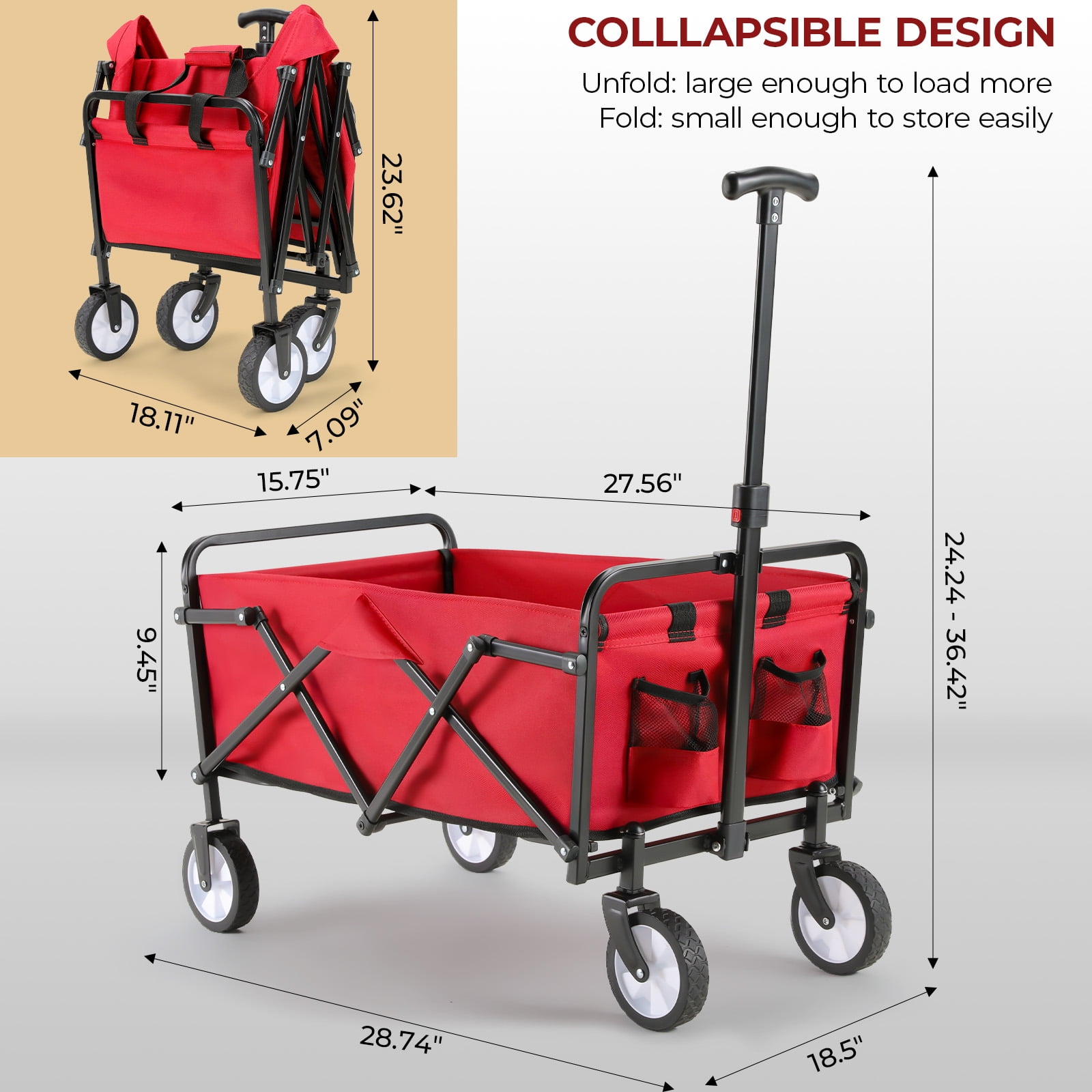 TLSUNNY 150lbs Collapsible Folding Wagon, Big Bucket Beach Cart, Heavy Duty Large Capacity Garden Wagon with Wheels for Outdoor Camping, Shopping, Sports, Grocery