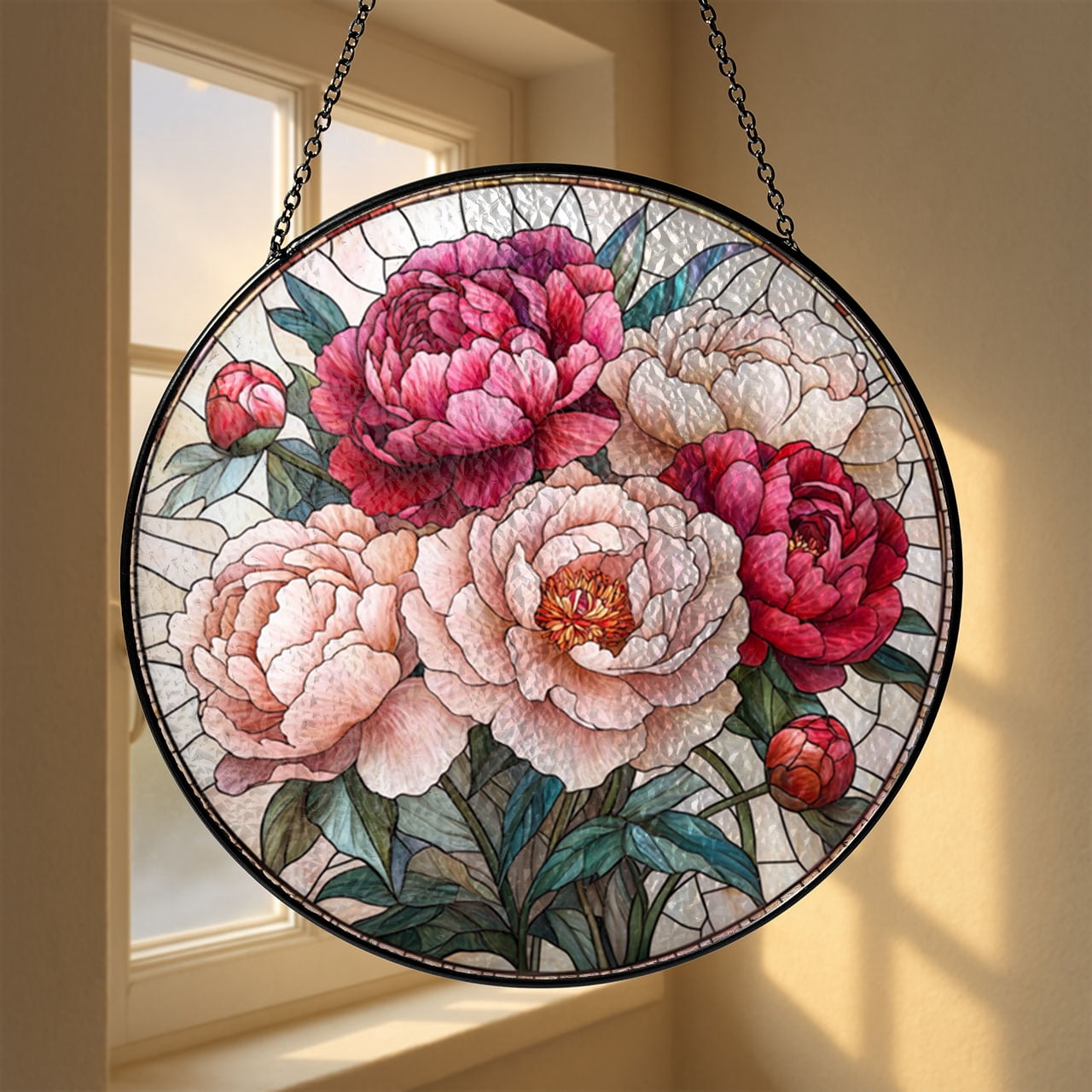 Peony Floral Window Panel, Faux Stained Glass Pink Bloom Decor for Nature Lovers and Home Accent