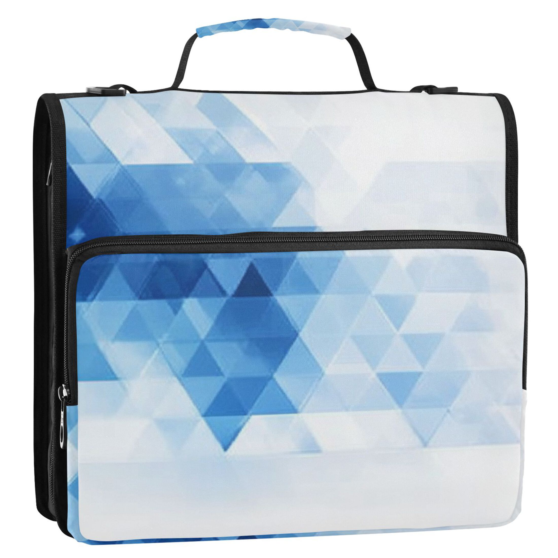 3 Ring Zipper Binder with Shoulder Strap Waterproof Trapper Keeper 2 Inch D-Ring 500 Sheets Capacity Blue and White Geometric