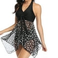 thumbnail image 1 of Traje de baño Tankini para mujer con pantalones cortos Vestido de traje de baño halter con lazo y cuello en V de dos piezas - Punto blanco negro, 1 of 6