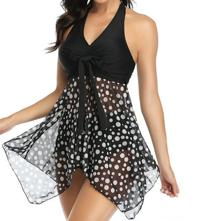 Womens Tankini Swimdress with Boyshorts Two Piece V Neck Bowknot Halter Bathing Suit Dress - Black White Dot-L