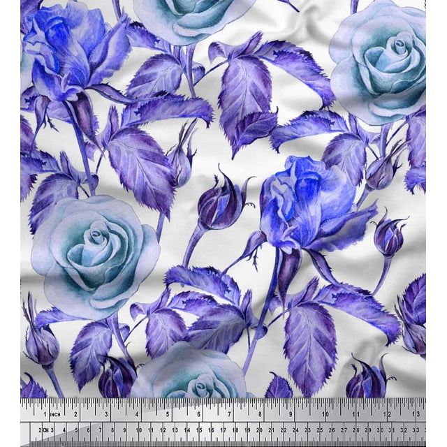 Soimoi Polyester Crepe Fabric Leaves & Rose Flower Print Sewing Fabric Yard 42 Inch Wide