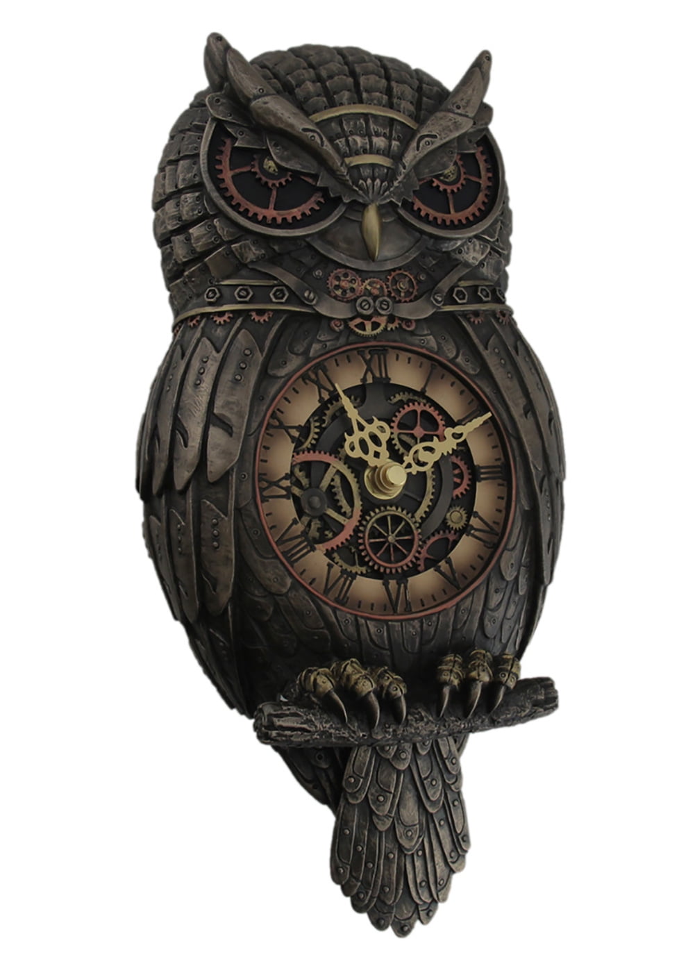 12.5" Steampunk Owl Gear Pendulum Wall Clock Statue Sculpture 