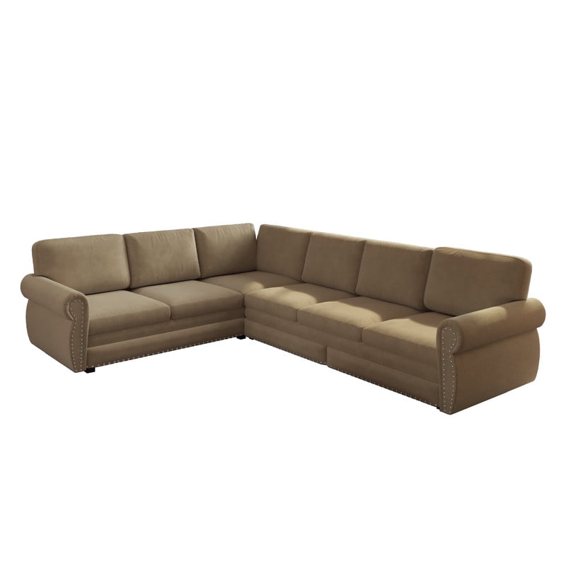 118" L-Shaped Convertible Sleeper Couch Bed, Chenille Upholstered Sectional Sofa with Pull-Out Sofa Bed, Modern Chesterfield Sofa for Living Room