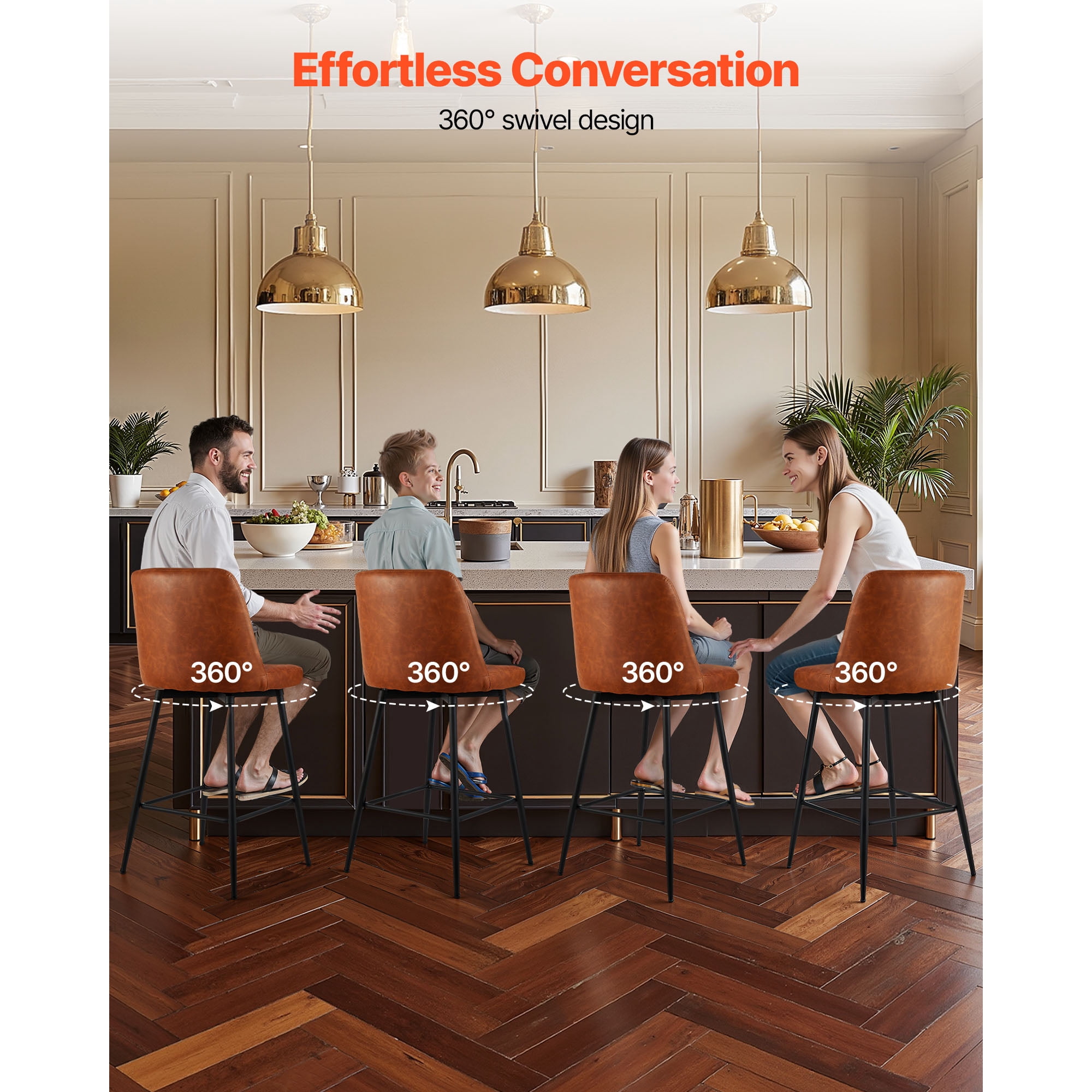 KFFKFF Set of 3 Counter Height Swivel Bar Stools, 27-Inch Modern PU Leather Chairs with Backrest and Metal Legs, Armless Design for Kitchen and Dining Room, Brown