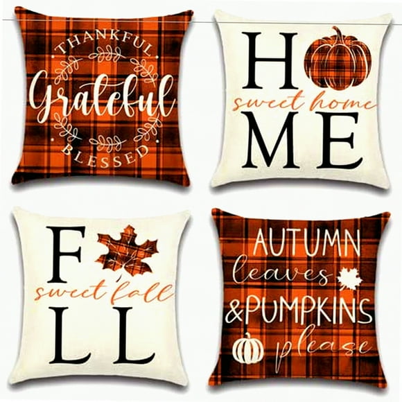 Housses de Coussin à Carreaux Buffalo - Ensemble de 4 Taies d'Oreiller Décoratives en Orange et Noir à Carreaux avec Design de Citrouille et Feuille d'Érable pour Décoration Intérieure d'Automne