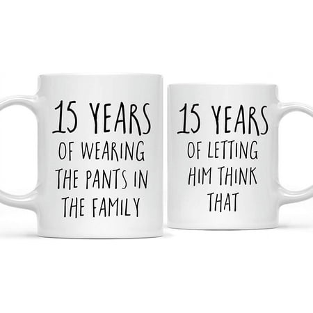 CTDream Funny 15th Wedding Anniversary 11oz. Couples Coffee Mug Gag Gift 15 Years of Wearing the Pants in the Family Letting Him Think That 2-Pack with Gift Box for Husband Wife Parents
