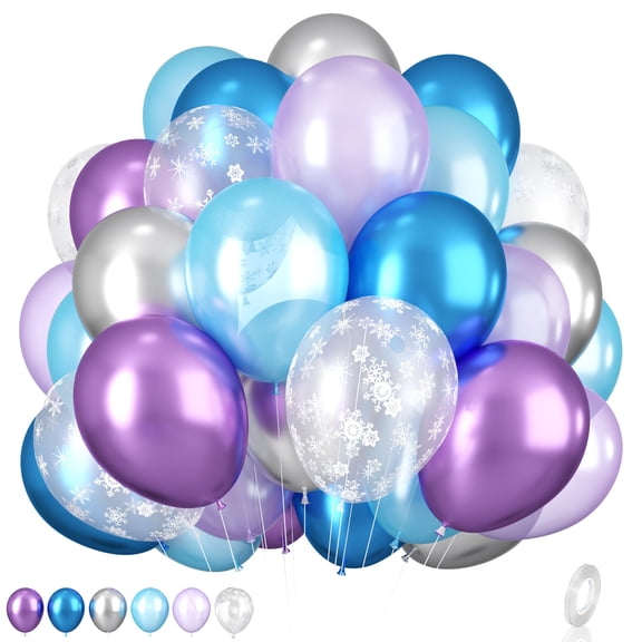 Frozen Balloons, 12 Inch Purple Blue White and Silver Balloons with Snowflake
