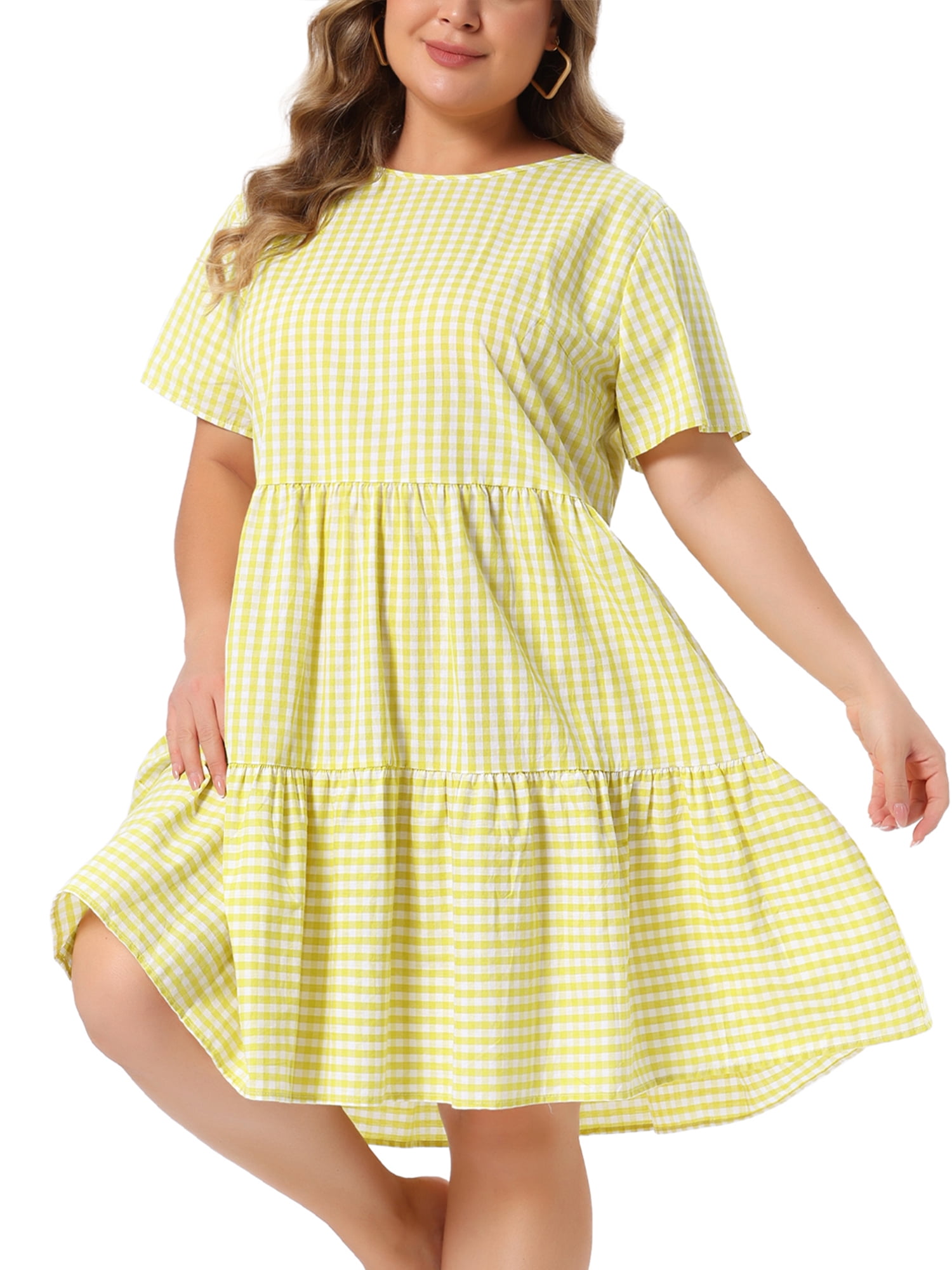 DARING DIVA Women's Plus Size Plaid Round Neck Short Sleeve Midi Dress 3X Yellow