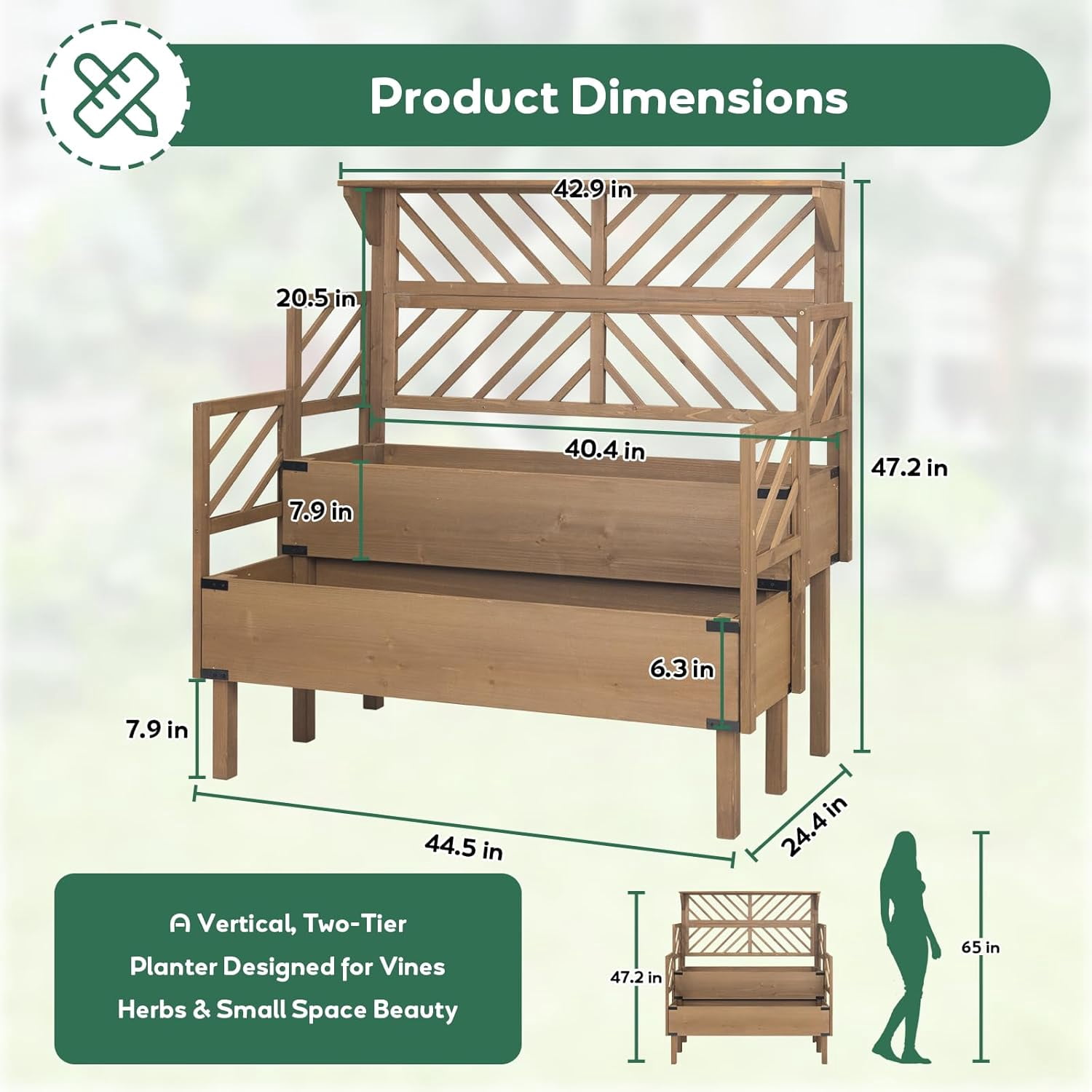 PETSCOSSET Raised Garden Bed with Trellis, 2-Tier Elevated Planter Box with Legs & Top Shelf, Wooden Garden Beds for Plants