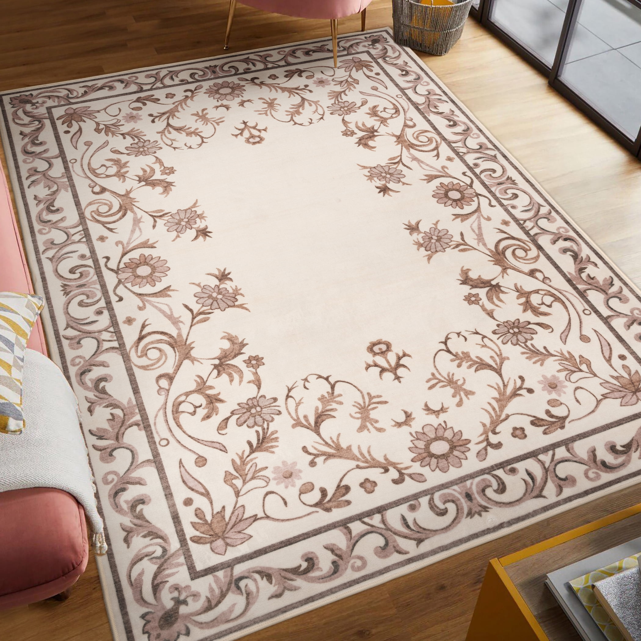 Mainstays Tan Floral Faux Fur Indoor Area Rug, 7 ft x 10 ft