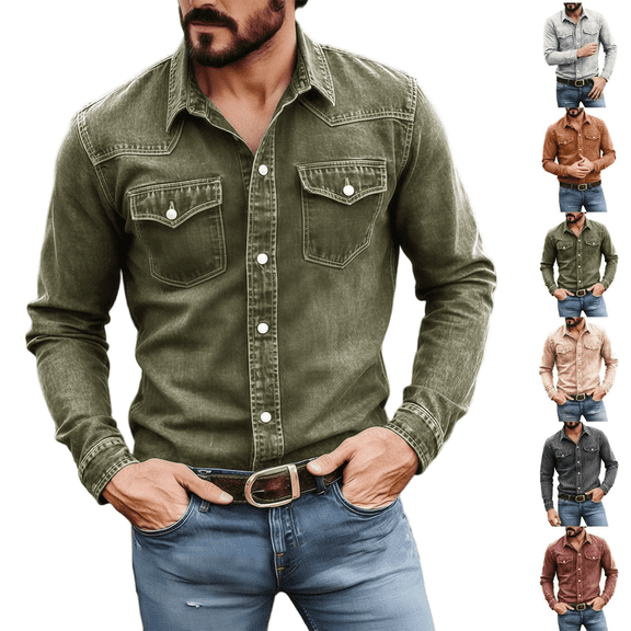 Zeijnsda Mens Denim Shirts Fashion Turndown Collar Long-Sleeved Blouse Solid Color Casual Button Down Shirts with Chest Pockets