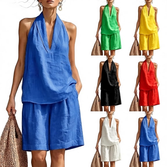 Purcolt 2 Piece Linen Set for Women Beach 2026 Outfit Sleeveless Halter Vest Top and Bermuda Short Summer Dressy Beach Set