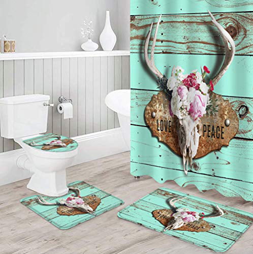 Skull flower Shower Curtain Bathroom Rug Set Bath Mat Non-Slip Toilet Lid Cover 