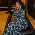 thumbnail image 3 of Women's Color Spliced O-Neck Long Flare Sleeve Hollow Out Hips Wrapped Long Dress, 3 of 17