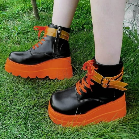 

ZMHEGW Boots For Women Ladies Colorblock Leather Belt Buckle Cross Strap Side Zipper Wedge Heel Mid Boots Shoes