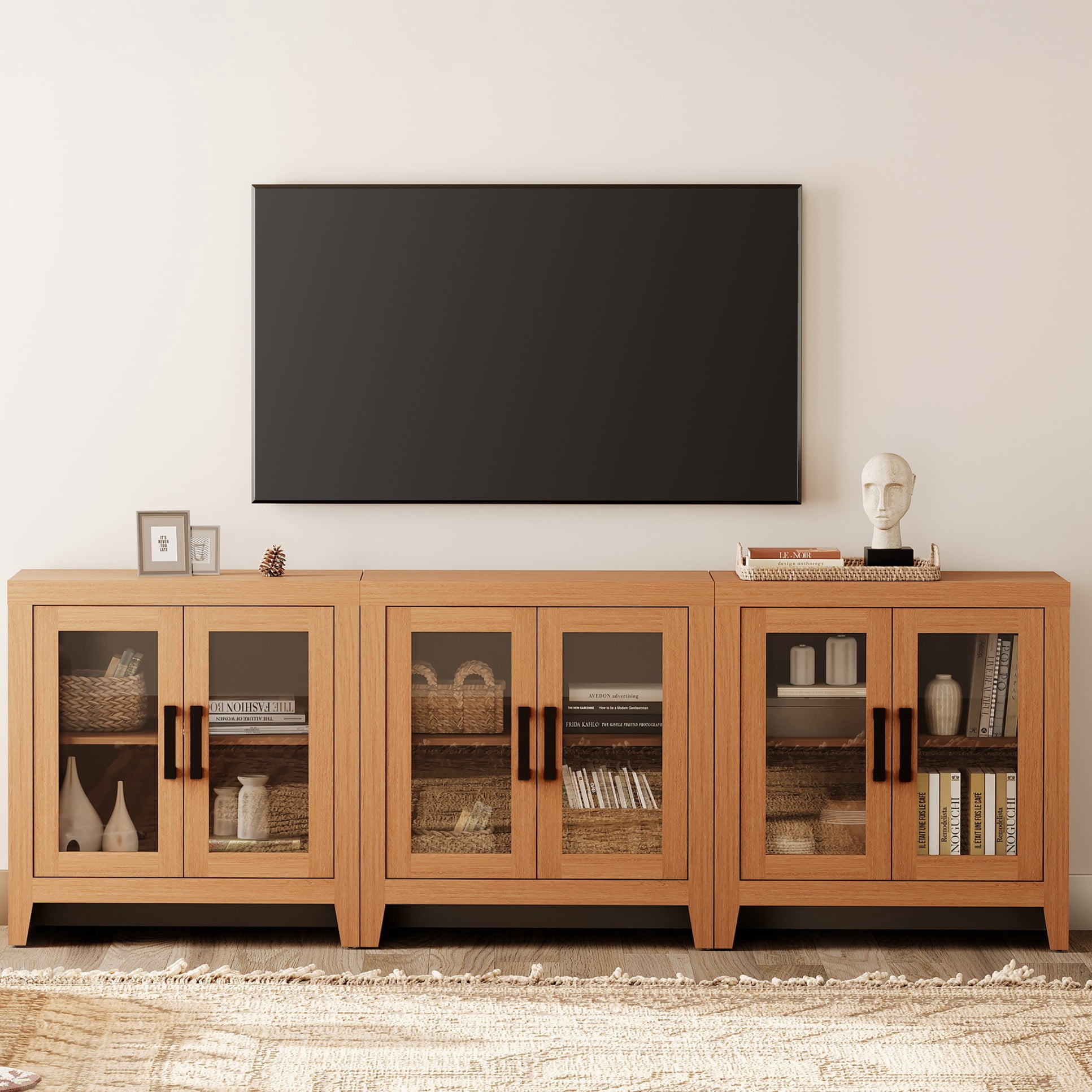 WAMPAT Modern Farmhouse TV Stand up to 100"TV, Entertainment Center with Tempered Glass Doors & Adjustable Shelves, Mocha
