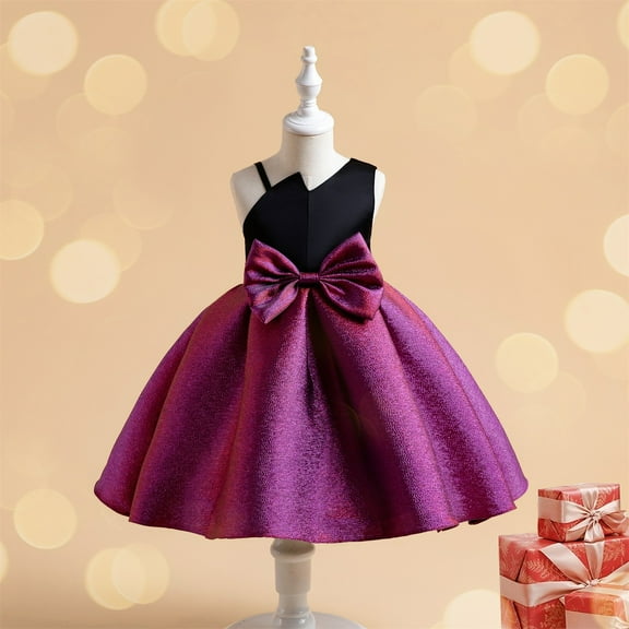 Nrmvnmi Flower Girls Princess Dresses Color Blocked Diagonal Shoulder Bow Dress Girls' Formal Dress For Holiday Pageant Birthday Tea Party Wear Vintage Princess Ball Gown 2-10Years