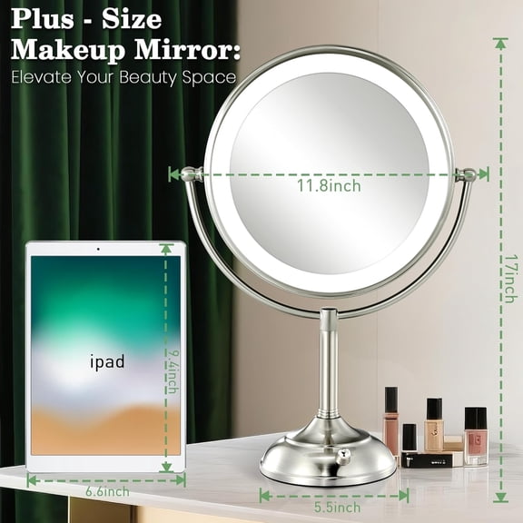 11.8" Extra Large 17" Tall Lighted Makeup Mirror, 1X/5X/10X 3-Sided Magnifying Mirror with 96 LEDs, 3 Color Dimmable Lights, 360 ° Swivel Dual Power Vanity Mirror, Nickel Finish Luxury Gift Box
