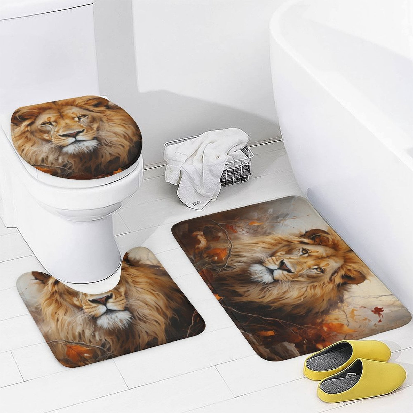 Artistic Lion Face 4 Piece Bathroom Rug Set with Shower Curtain with Rugs Toilet Lid Cover And Bath Mat Wild King Animal Waterproof Shower Curtain for Bathroom Decor