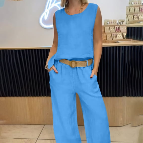 Mifsaly Linen Sets for Women Summer 2 Piece Sleeveless Top Loose Wide Leg Pants Breathable Lightweight Office Loungewear Beach Vacation Matching Outfits 2026 XXXL