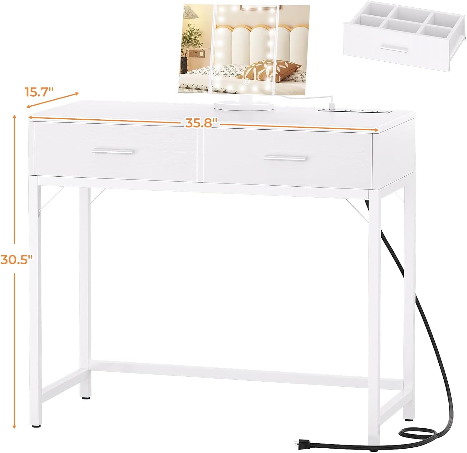 White Makeup Vanity Desk with Foldable LED Mirror, 3 Brightness Modes, 3 Magnification Levels, Built-in Power Outlet, and 2 Drawers, 36" Wide
