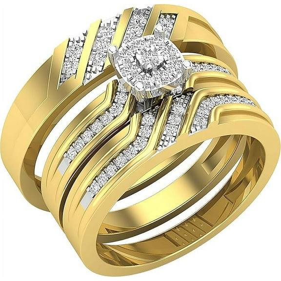 Divine Creation Unisex 14K Yellow Gold Plated 1.85 Ct Round Cut White Diamond Wedding Engagement Trio Ring Set 925 Sterling Silver For Men's & Women's -6.5