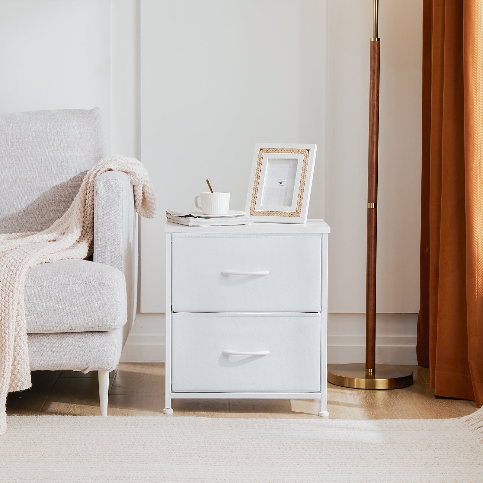 CONCETTA 2-Drawer Fabric Storage Dresser, Nightstand Bedside End Table for Bedroom, Dorm, Small Space, Storage Furniture for Adults, White