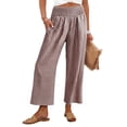 thumbnail image 2 of Women's Gingham Palazzo Pants Smocked High Waist Wide Leg Trousers Casual Loose Plaid Cropped Slacks with Pockets 3/4 Length, 2 of 7