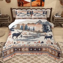 Homewish Safari Deer Full Size Comforter Sets,Retro Aztec Geometric Bedding Comforter Set,Beige Brown Bedding Sets For Boys Teens,Super Cozy Room Decor Reversible,3 Pieces