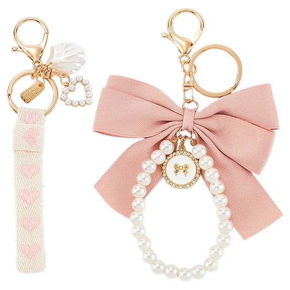 Bowknot Pearl Keychain Pink Women with Wristlet Bracelet Lobster Clasp Cute Bag Charm Keyring Stainless Steel Hoop