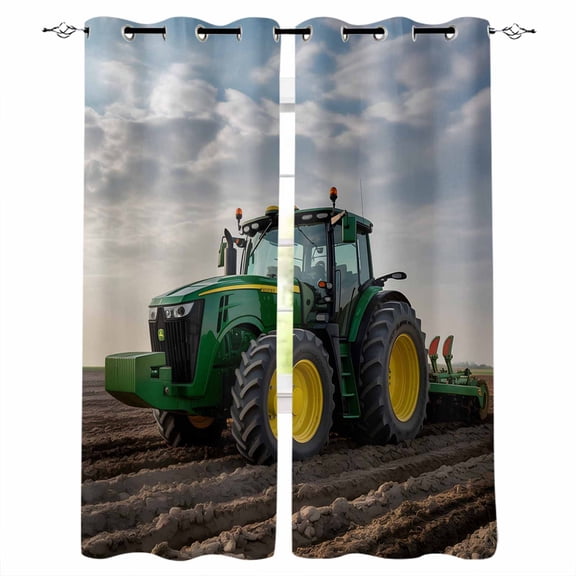 Fsddascl Farm Tractor Blackout Curtains for Bedroom/Living Room, Thermal Insulated Kitchen Curtains, Green Truck Country Rustic Field Harvester Grommet Darkening Window Treatment Drapes 52"x72"x2