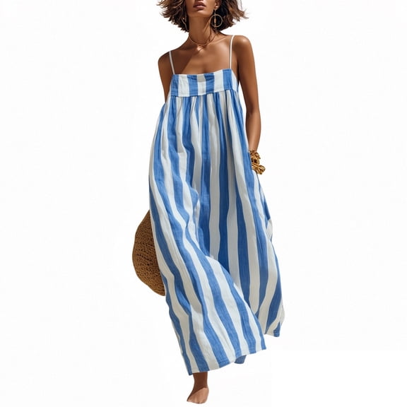 Ahabrexf Summer Dresses for Women, Spaghetti Strap Geometric Neck, Lengthwise Stripe Loose Maxi Sundress for Beach Vacation Wear
