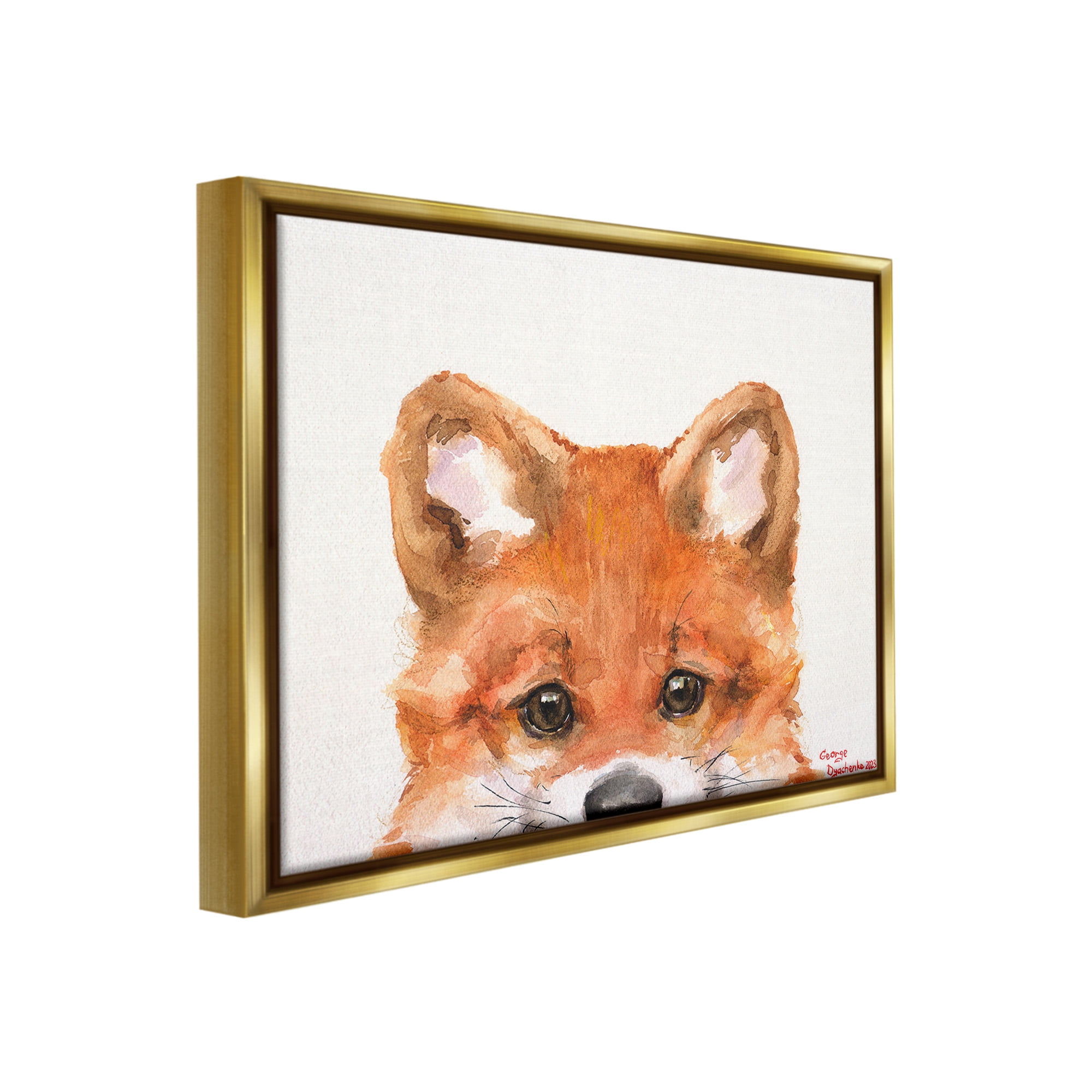 Stupell Industries Fox Cub Peeking Animals & Insects Painting Gold Floater Framed Canvas Art Print Wall Art, 31 x 25