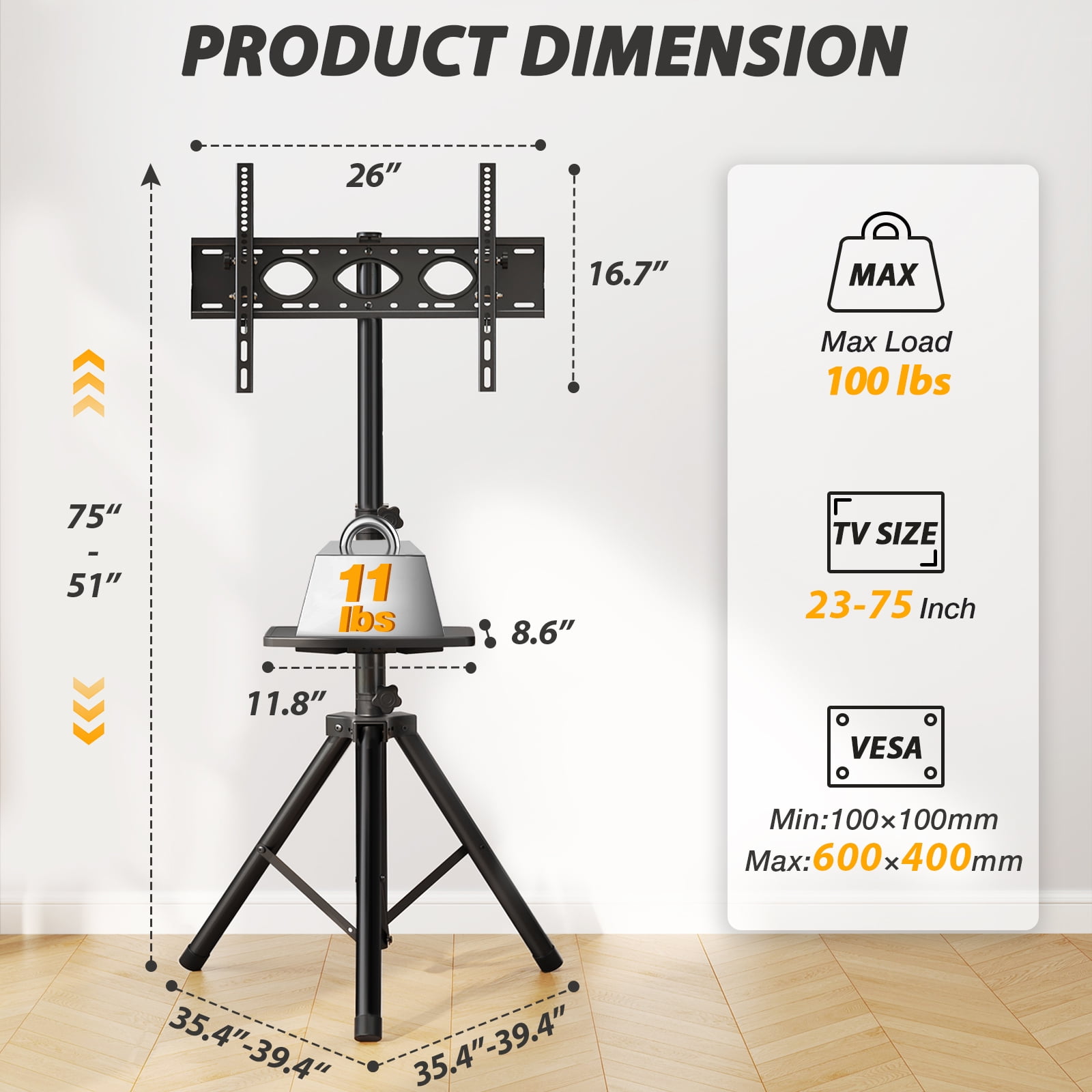 RTVR TV Tripod Stand with Mount for 23-75" TVs up to 100lbs, Height Adjustable Tilt Rotating Shelf & Non-Slip Base for Home, Max VESA 600x400mm, Black