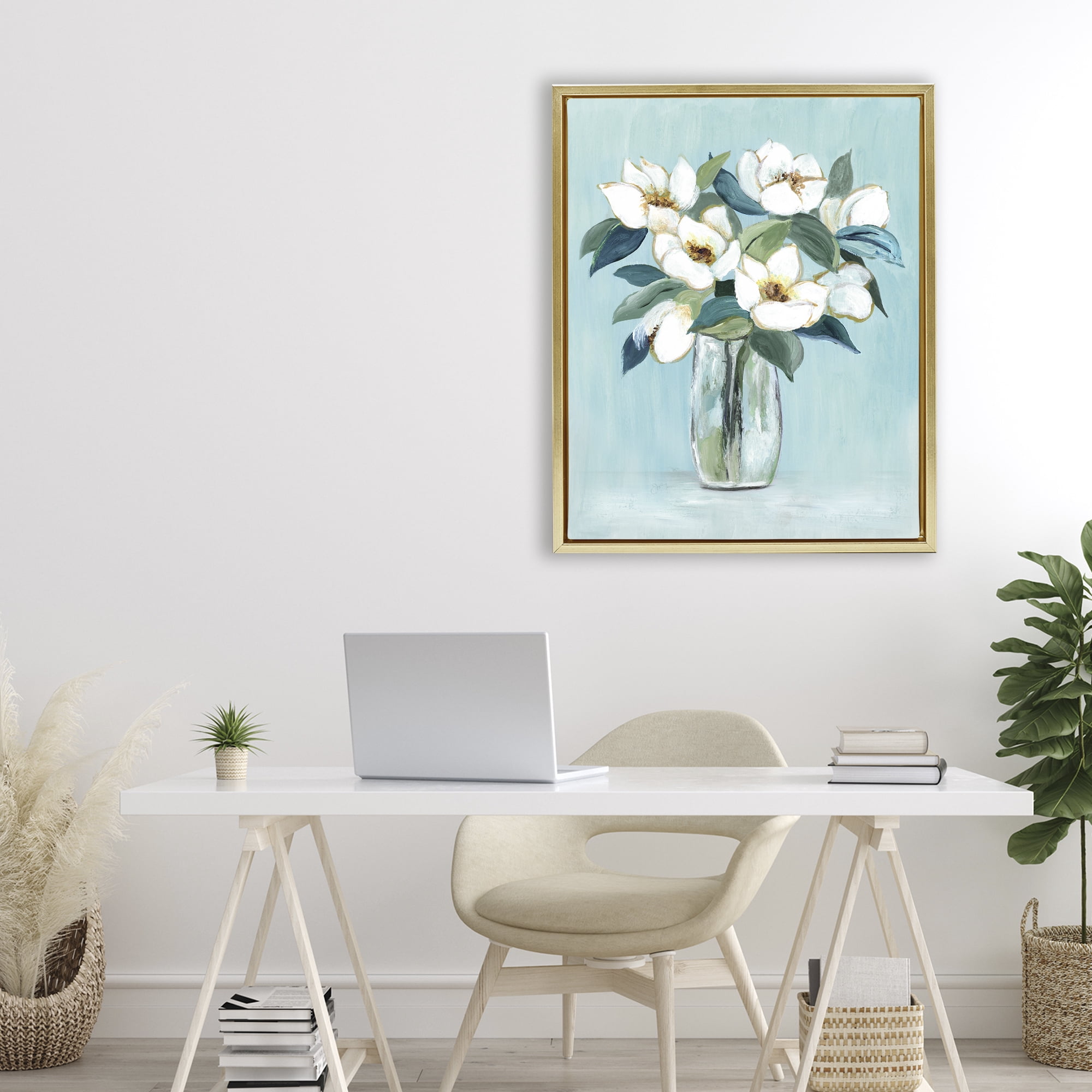 Stupell Industries Magnolia Blossoms on Blue Gold Framed Floater Canvas Wall Art, design by Janet Tava